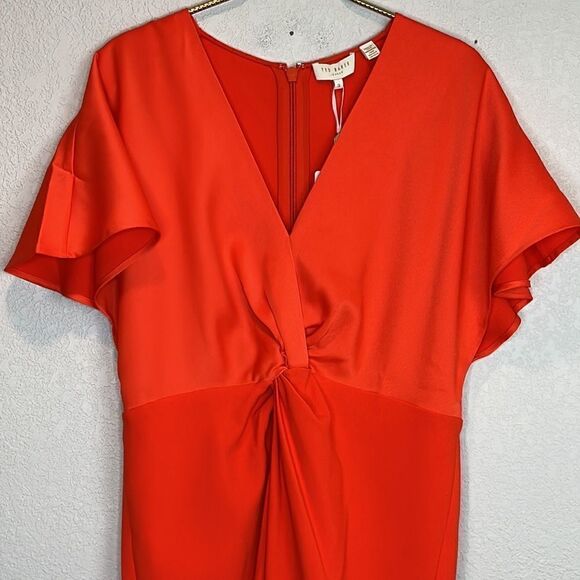 NWT Ted Baker Ellame Wrap Over Flutter Sleve Bodycon Shift Large Orange - Picture 4 of 12